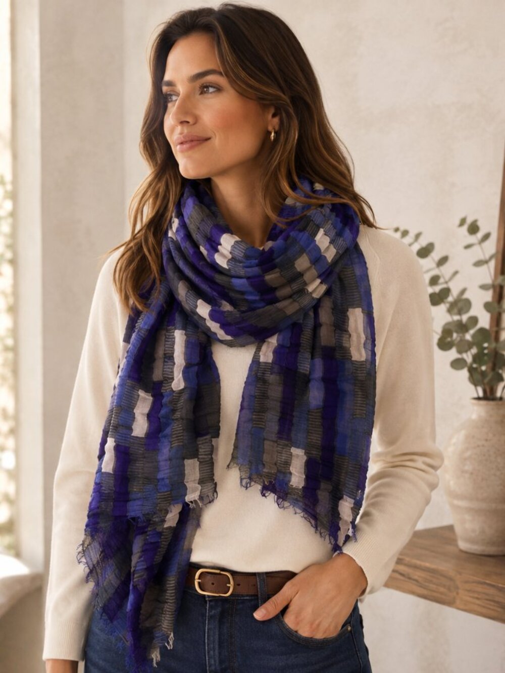 Banana Republic Silk Wool Scarf Purple Blue Geometric Crinkle Fringe Wrap Shawl